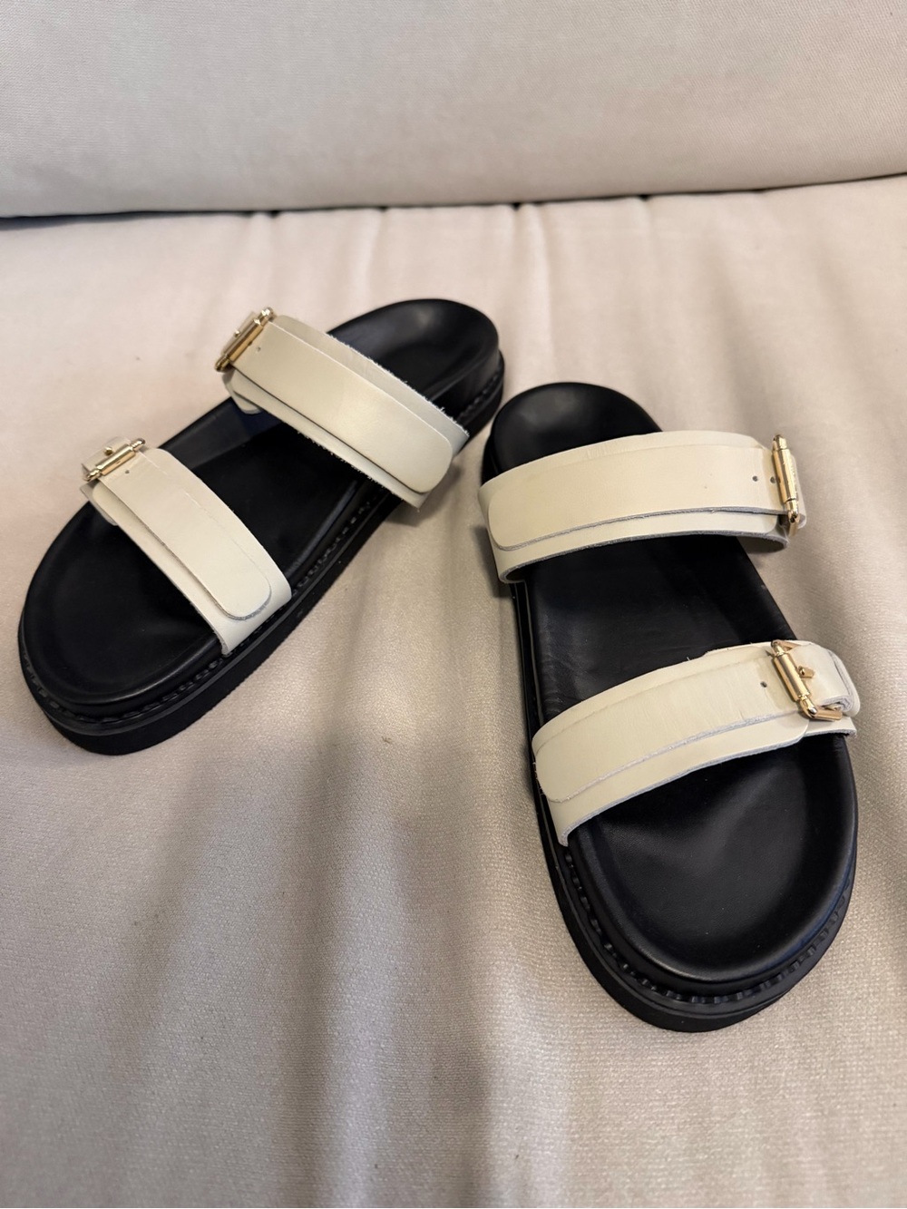 Women’s Cream Dual-Strap Slide Sandals with Gold Buckles
